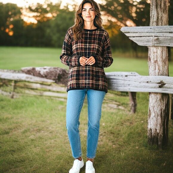 Vintage Mohair Blend Plaid Sweater XL Brown Oversized Boxy Academia Grandpa 80s - Picture 14 of 16